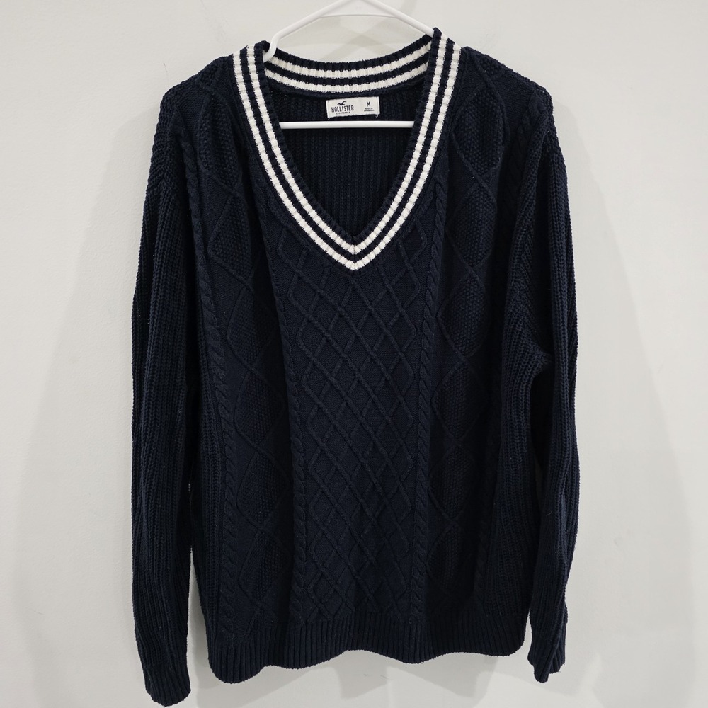 Hollister Womens Tennis Prep Cable Knit Sweater Size Medium Nautical Euro Summer